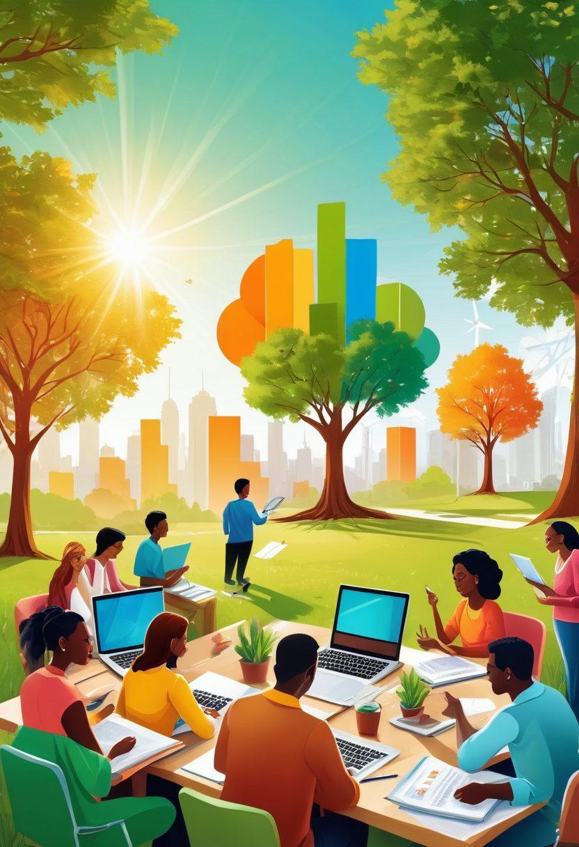 A vibrant community gathering showcasing diverse individuals actively collaborating and sharing resources. Highlight various tools such as laptops, books, and charts representing growth and knowledge exchange. Include elements symbolizing success, like trophies or rising graphs in the background. The scene should radiate energy and positivity, featuring a sunny outdoor environment with green trees. vector art. vibrant colors. clear sky.