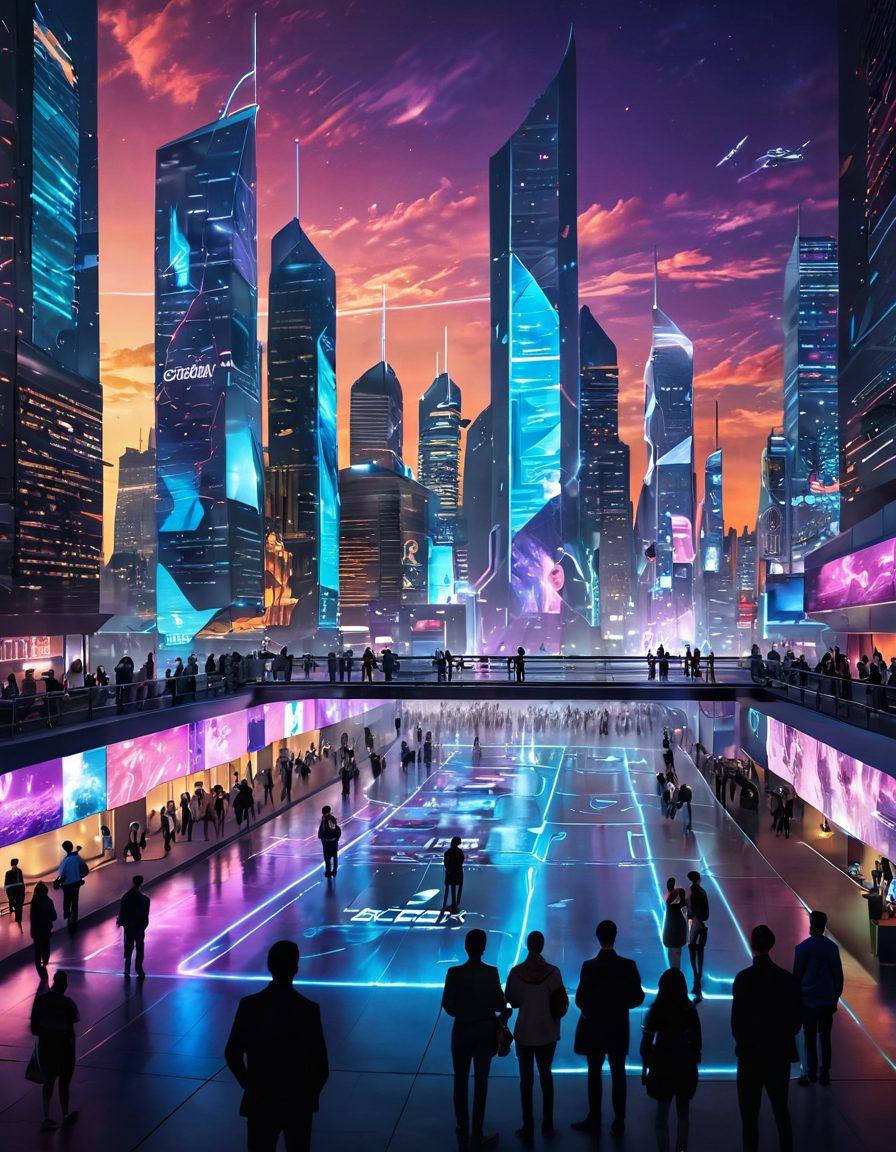 A futuristic digital landscape showcasing the BFXXX platform, featuring diverse groups of people engaged in collaborative innovation. Include holographic displays with creative solutions and concepts floating in the air, symbolizing technology and innovation. Incorporate elements like electric circuitry and glowing pathways leading toward a bright, optimistic skyline. The overall ambiance should convey hope and creativity for the future. cyberpunk. vibrant colors. dynamic composition.